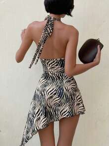 This Sexy Backless Zebra-Print Sleeveless A-Line Mini Dress For Women, With Its Asymmetrical Hem, Is The Perfect Choice For A Summer Evening Outing Or Party. - Zebra Stripes - View 6