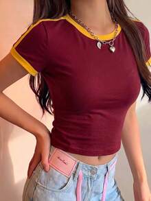 Áo thun nữ mùa hè, áo dệt kim cổ tròn tay ngắn thời trang phong cách casual, phù hợp mặc hàng ngày - Đỏ - Xem 2