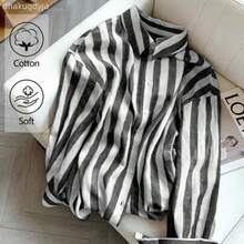 Camisa casual de manga larga con solapa a rayas y abotonadura sencilla para mujer - Negro01 - Ver 1