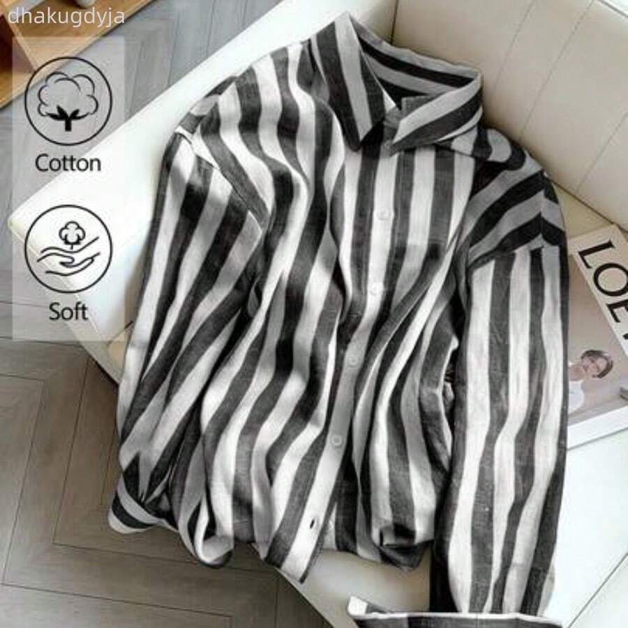 Camisa casual de manga larga con solapa a rayas y abotonadura sencilla para mujer - Negro01 - Ver 1