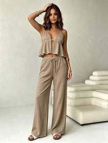 2pcs/Set Women Woven Backless Halter Top And Pants Casual Vacation Outfit, Deep Wine Red Two Piece Vacation Set Women Summer - 卡其色 - 查看 4
