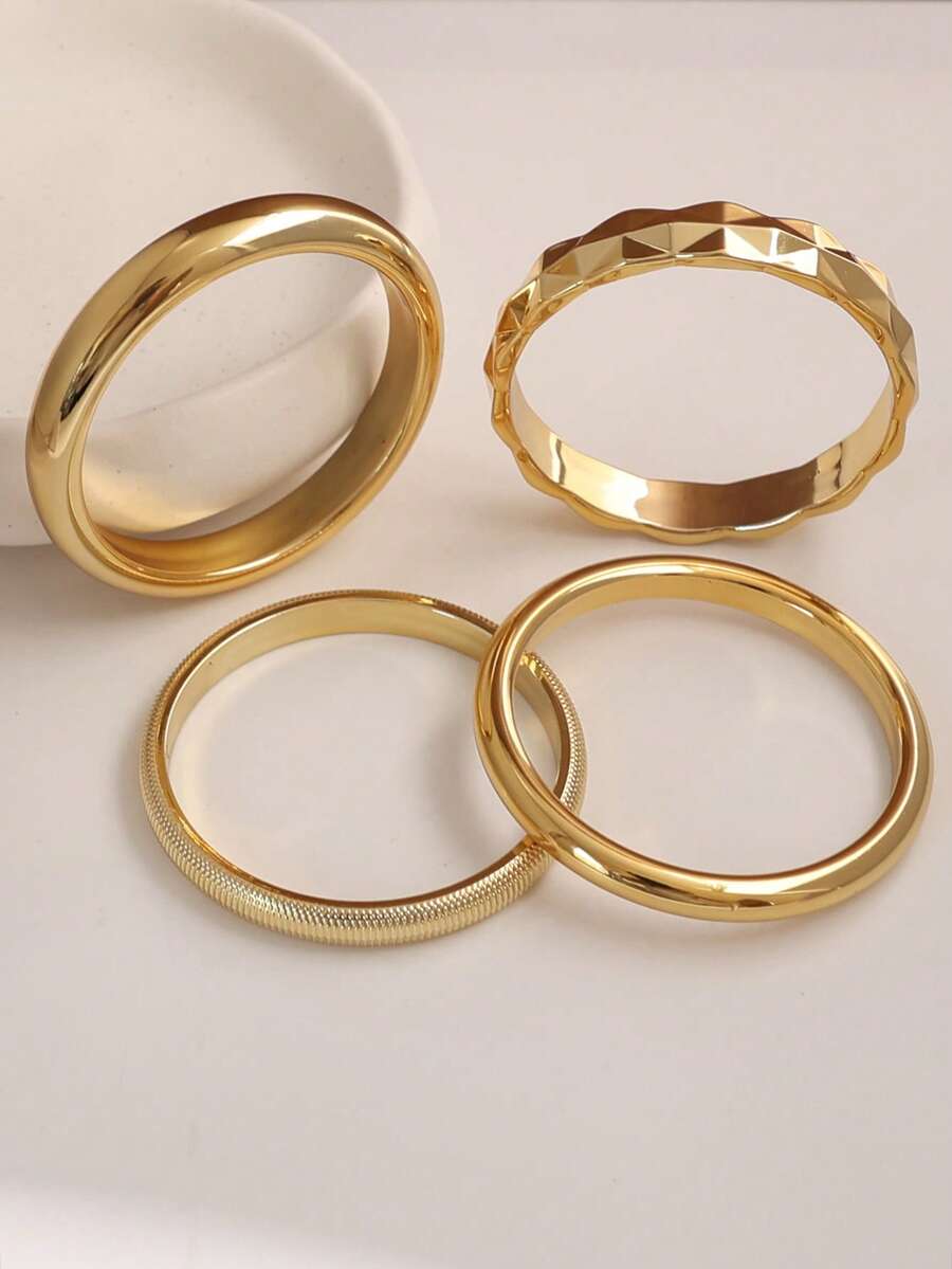 4 buah Gelang Bangle Berwarna Emas Bertekstur yang Modis dan Dapat Dipersonalisasi, Cocok untuk Pesta, Perjamuan, Perjalanan, Pernikahan, Liburan, Pemakaian Sehari-hari, dan Hadiah Perhiasan - Emas - View 1