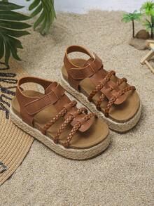 1 Pair Summer Kids Sandals, Fashion Solid Color Minimalist Hook & Loop Casual Vacation Party Beach Non-Slip Comfortable Outdoor Thick Sole Rope Open Toe Flat Sandals - Brown - View 2
