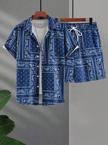Conjunto de camisa de manga corta de un solo pecho con estampado de cachemira ligera & pantalones cortos para hombre, cintura elástica con cordón y bolsillos, conjunto de 2 piezas de camisa con patrón floral de nuez de la oeste vintage + pantalones cortos bermuda, adecuado para estilo callejero, uso diario, viajes de vacaciones - azul real - Ver 5