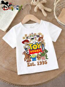 Disney Toy Story 1995 Retro Children's T-Shirt Woody Bass Lightyear Checkerboard Cartoon Boys And Girls White Short Sleeve Top, Machine Washed And Non Deformable, Comfortable And Fashionable, Perfect For Creating Personalized Styles In Summer - White - View 3