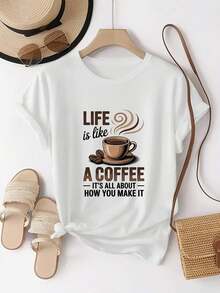 Camiseta de Cuello Redondo para Mujer con Estampado de Taza de Café y Frases Inspiradoras para Amantes del Café, Top Casual Diario - Blanco - Ver 1