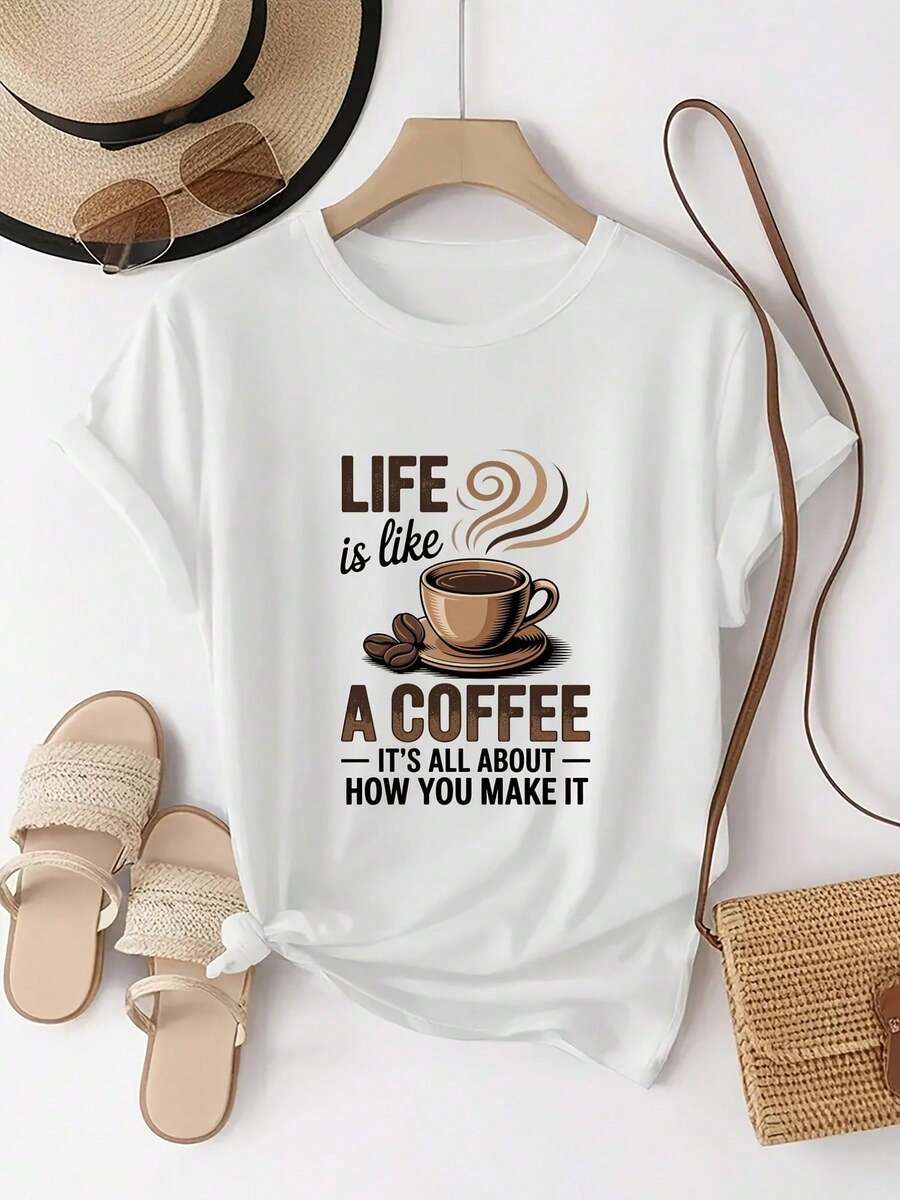 Camiseta de Cuello Redondo para Mujer con Estampado de Taza de Café y Frases Inspiradoras para Amantes del Café, Top Casual Diario - Blanco - Ver 1
