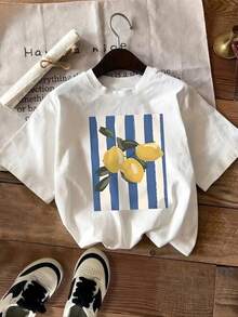 Sommar Toppar Dam  2026Lemon Pattern Print Versatile Girl Short-Sleeved T-Shirt  Addio Al Nubilato - White - View 1