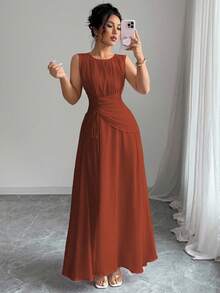 Vestido maxi de gasa elegante y casual para mujer, estilo vintage romántico, adecuado para la playa, el té de la tarde, fiestas, bodas, ir al trabajo, sin mangas, cintura con cordón, espalda plisada, forrado, primavera/verano - Óxido marrón - Ver 1