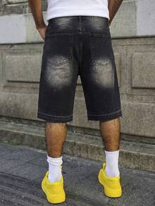 Schlamm-Gelbe Denim-Shorts in Knielänge mit Distressed-Effekt und rohem Saum, Heavy-Wash-Distressed-Verfahren mit natürlicher melierter und verblasster Textur, natürlich verstreutes Design mit rohem Saum, Vintage Street lässig Shorts - Schwarz - Übersicht 6