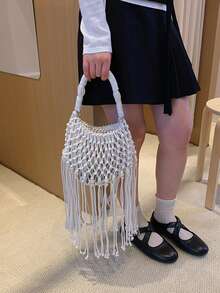 Kleine gewebte Umhängetasche, einzigartige Strandschultertasche, modische Kuvert-Tasche, vielseitige Ins Umhängetasche für den Strandurlaub - Weiss - Übersicht 2