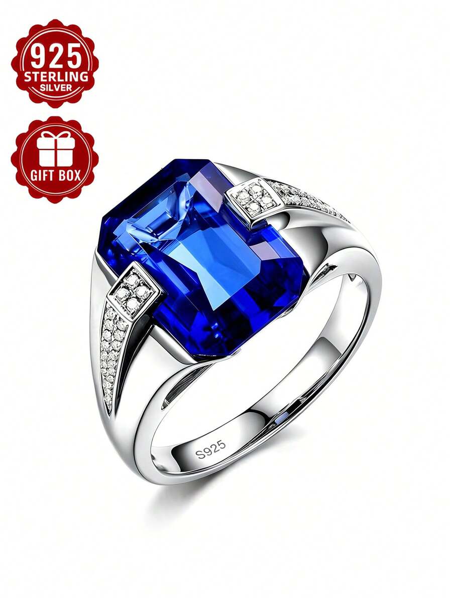 1pc 925 Sterling Silver Ring, Inlaid With Exquisite Square Blue Cubic Zirconia, Size 6-11, Comes With Gift Box - Silver - View 1