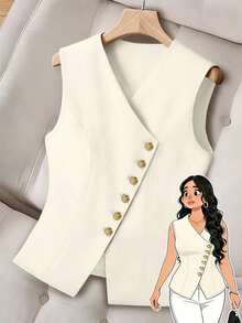 Women's Lightweight Single-Breasted Vest With V-Neck And Solid Color - 杏色 - 查看 1