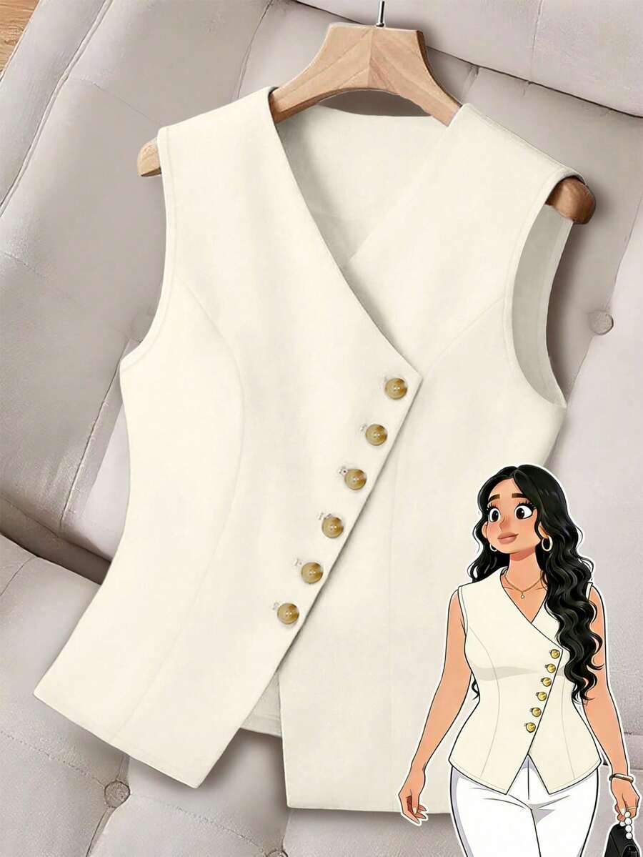 Women's Lightweight Single-Breasted Vest With V-Neck And Solid Color - 杏色 - 查看 1