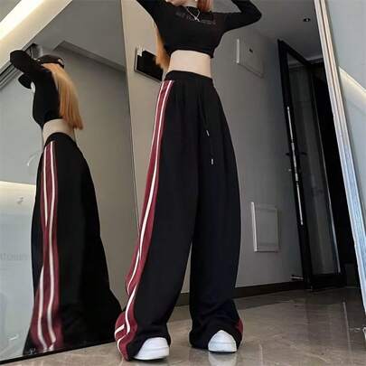 レディース スウェットパンツ トラックパンツ ラインパンツ ワイドパンツ ジャージ イージーパンツ カジュアルパンツ ロングパンツ ボトムス サイドライン ライン入り バイカラー 配色 ハイウエスト ウエストゴム ドロスト 美脚 脚長効果 体型カバー 着痩せ ゆったり 楽...