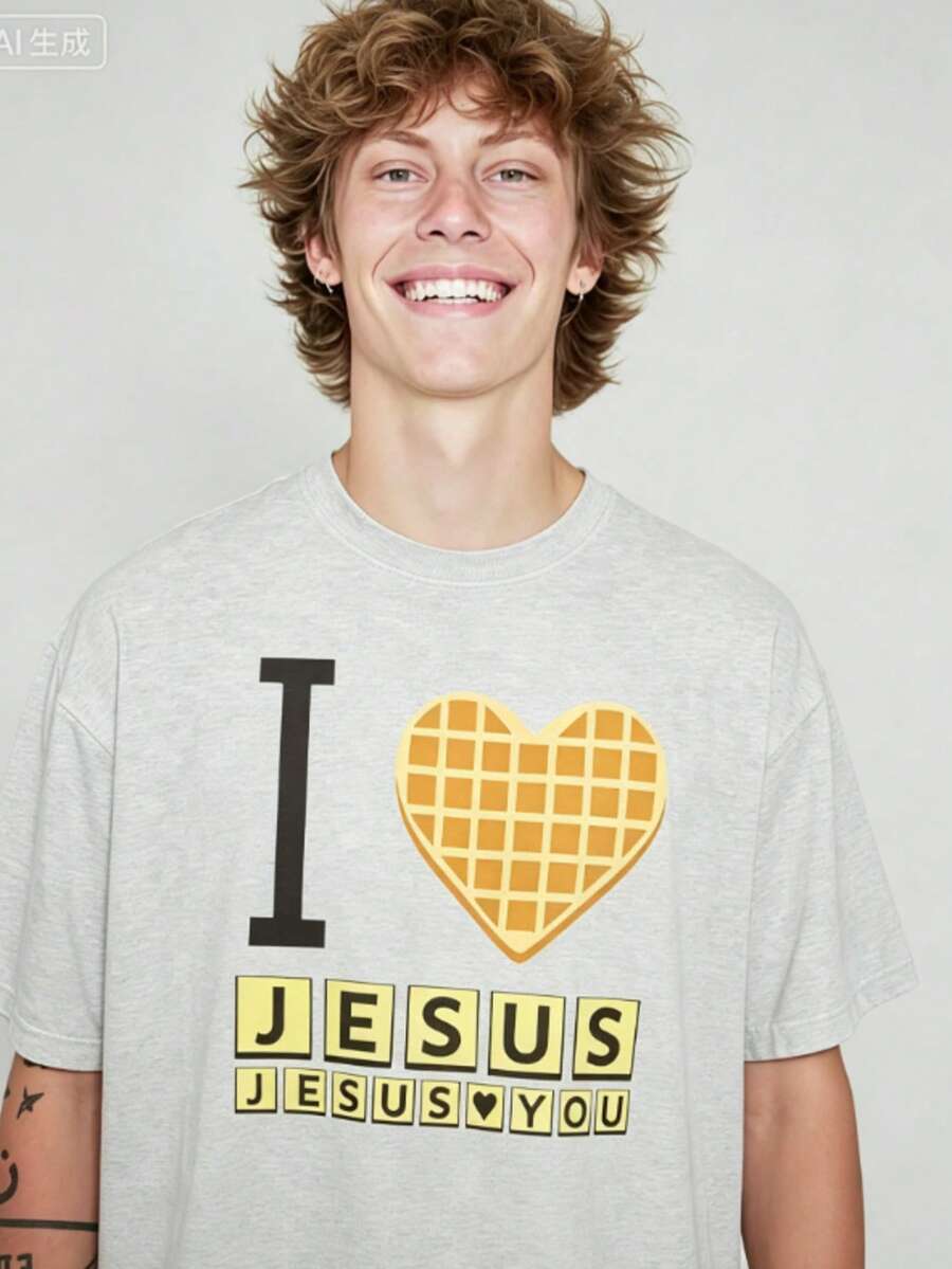 High-QualityI Love Jesus Jesus Love You Waffle Shirt, Bryce Crawford Merch, Christian Apparel Graphic Tee, Funny Christian Breakfast T-Shirt - 灰色 - 查看 1