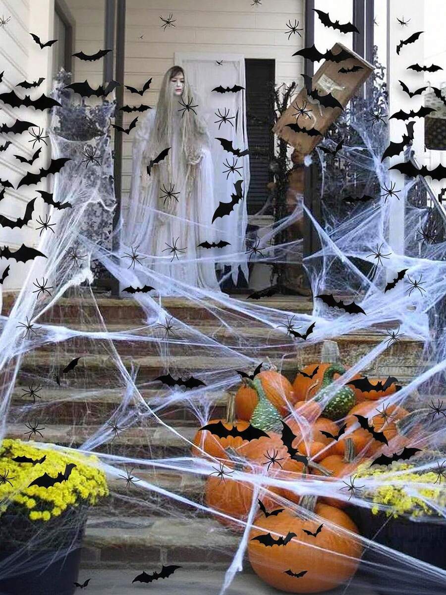 Halloween 200g Spider Web, 60pcs Fake Bats And 40pcs Fake Spiders. Halloween Theme Party Decoration, Suitable For Indoor And Outdoor Spaces, Create A Spooky Atmosphere For Halloween - Suitable For Garden, Haunted House And Party Indoor And Outdoor Halloween Party Supplies, Halloween Gift - B - View 1