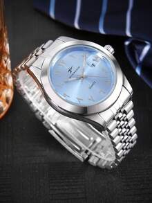 1pc RICECGO Quartz Calendar Wristwatch, Stainless Steel Strap, Minimalist Round Dial Business Watch For Men, Suitable For Gifts And Daily Wear - Silver - View 2