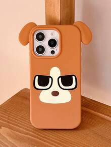 1pc 3D Bulldog Puppy Soft Silicone Large Hole Solid Color Cute Cartoon Case Compatible With IPhone 17 Pro Max/16 Pro Max, Full Coverage Anti-Fall 16 Pro, 17 Pro Camera Button - Brown - View 1