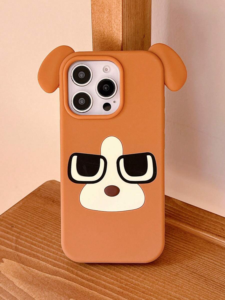 1pc 3D Bulldog Puppy Soft Silicone Large Hole Solid Color Cute Cartoon Case Compatible With IPhone 17 Pro Max/16 Pro Max, Full Coverage Anti-Fall 16 Pro, 17 Pro Camera Button - Brown - View 1