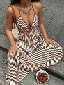 Halter Neck Striped Backless Dress Available In Multiple Colors - Coffee Brown - View 6