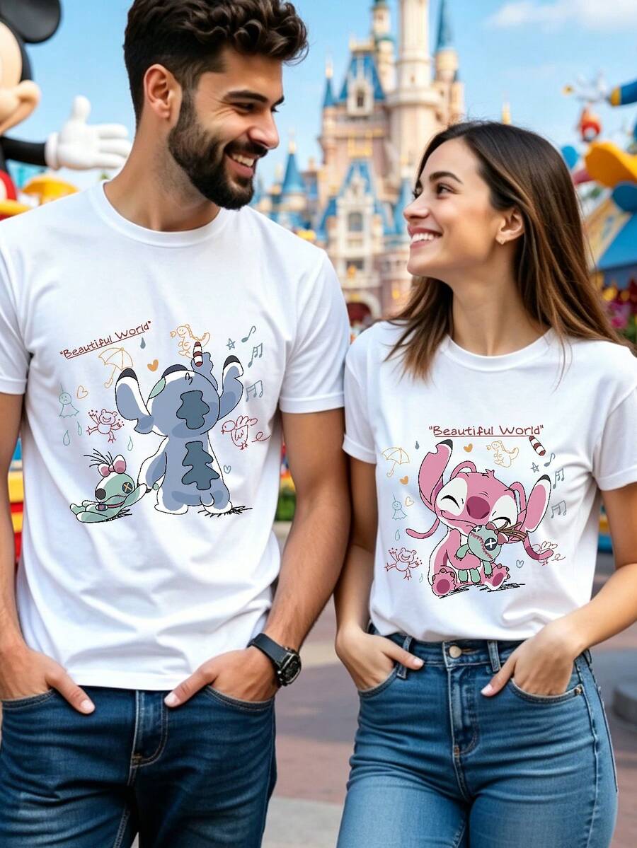 These 100% Cotton Disney Stitch-Themed Couple's T-Shirts Are Soft, Skin-Friendly, Breathable, And Comfortable, Designed Specifically For Summer. Each T-Shirt Features A Print Of Blue Stitch And Pink Angel From Disney's *Lilo & Stitch*, Along With The Words "Beautiful World" And Playful Elements Like Umbrellas, Musical Notes, And Dinosaurs, Creating A Warm And Romantic Couple's Look. The Simple White T-Shirts With Fun Prints Are Suitable For Various Everyday Occasions, Easily Creating A Refreshing And Sweet Summer Couple's Style. - Male - View 1