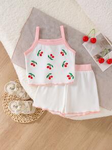 2pcs Baby Girls' Cute Sweet Cherry Pattern Ribbed Camisole Top And Shorts Set, Lightweight Summer Outfit - Baby Pink - View 2