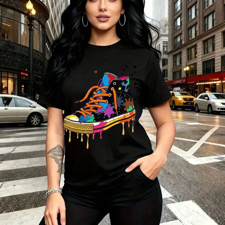 Camiseta de mujer con estampado vibrante de zapatilla urbana estilo graffiti con salpicaduras de pintura en colores azul, naranja, rosa y amarillo - camiseta casual de manga corta con ajuste cómodo y fresco, diseño urbano y moderno inspirado en el ar - Negro - Ver 1