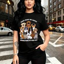 Camiseta de mujer con estampado de perritos y frase divertida "Los perros me hacen feliz, los humanos me dan dolor de cabeza" - camiseta casual de manga corta con ajuste cómodo y estilo urbano relajado - ideal para paseos por la ciudad, días soleados - Negro - Ver 1
