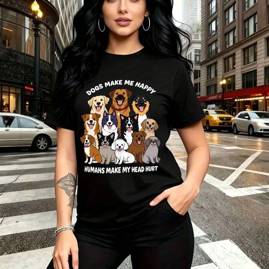 Camiseta de mujer con estampado de perritos y frase divertida "Los perros me hacen feliz, los humanos me dan dolor de cabeza" - camiseta casual de manga corta con ajuste cómodo y estilo urbano relajado - ideal para paseos por la ciudad, días soleados - Negro - Ver 1