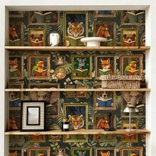 1 Roll Vintage Animal Pattern Self-Adhesive Wall Wallpaper, Peel And Stick Removable Wallpaper, Fun Reading Animal Wall Decal, Dark Academia Library Style, Suitable For Living Room, Bedroom, Study, Home Decor, Classroom, Cabinet, Niche, Bookshelf, Furniture Refurbishment, Decorative Wall Wallpaper, 17.32in Wide, DIY Decorative Sticker - Animal - View 9