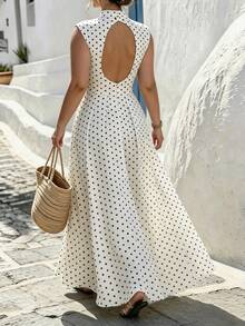 Plus Size Women's New Fashion Elegant Vintage Minimalist Polka Dot Print Open Back Long Dress White Party Summer - White - View 1