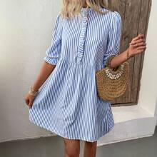 2025 Retro Sweet Style Puff Sleeve Stand Collar Striped Dress For Women Summer - Màu xanh lam - Xem 3