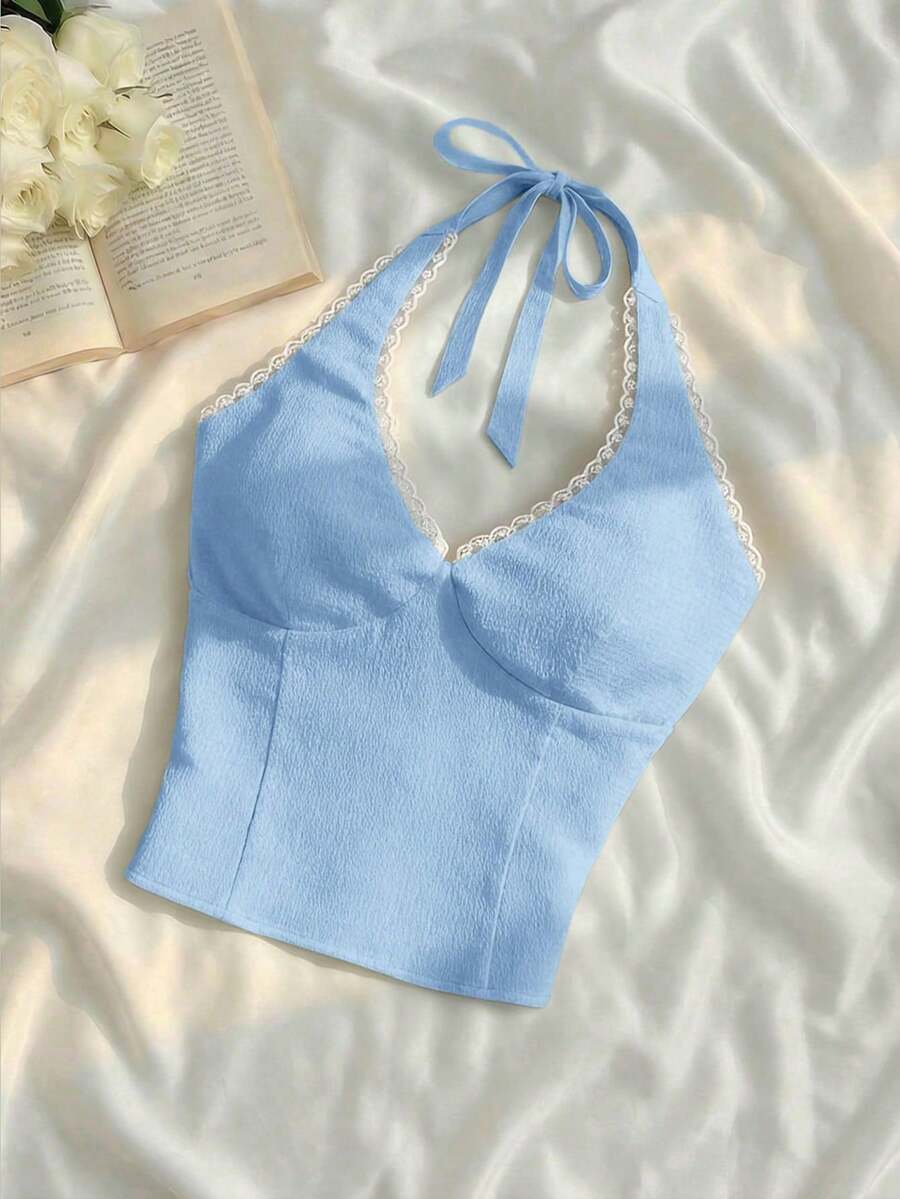 MOD Blusa de cuello halter de unicolor con encaje de contraste para mujer - Azul - Ver 1