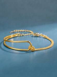 1pc Minimalist Asymmetric Double-Layer Curved Tube & Constellation Charm Chain Bracelet - Yellow Gold - View 2