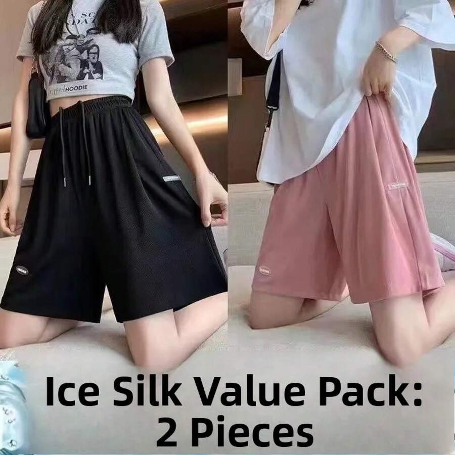 Pantalones cortos deportivos de seda helada de pierna ancha para mujer, de verano, finos, de cintura alta, talla grande, holg... - Negro + Rosa [Paquete de 2 de gran valor] - Ver 1