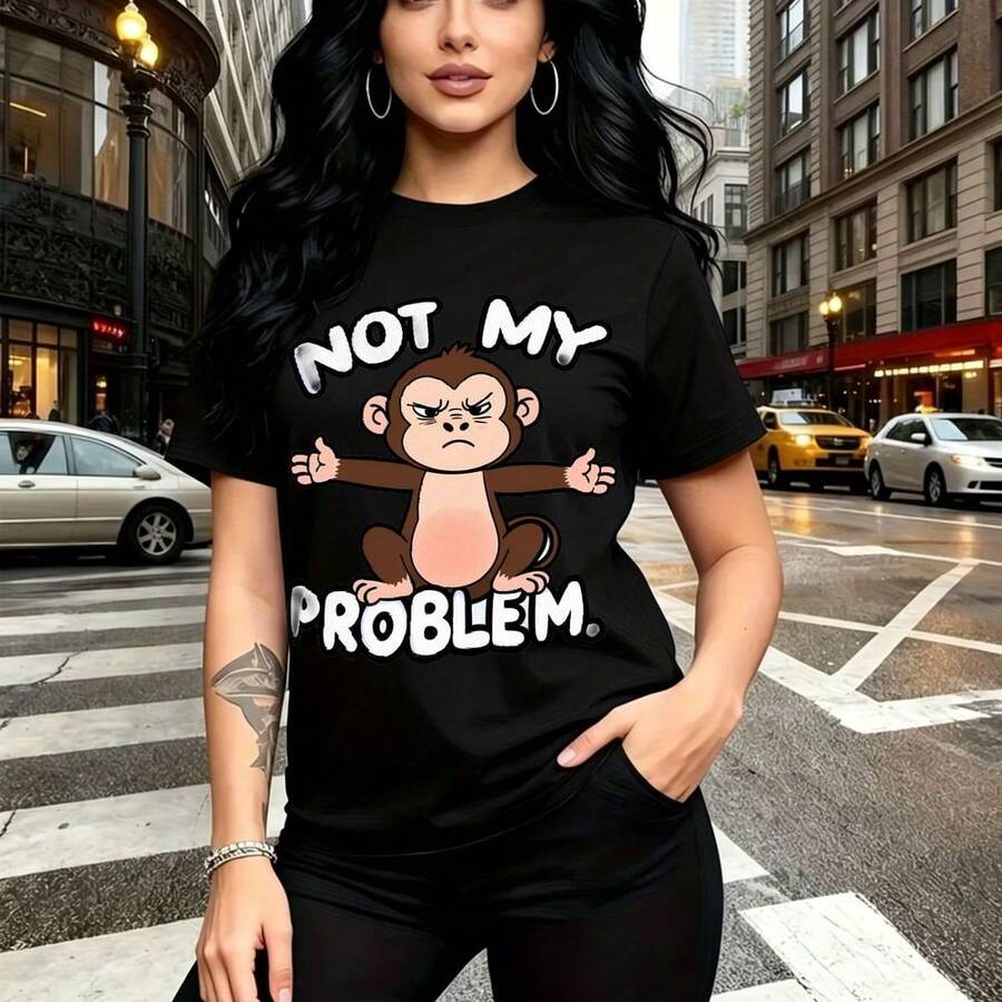 Camiseta de mujer con estampado de mono enojado y texto "NOT MY PROBLEM" - diseño gráfico urbano con manga corta, ajuste cómodo y moderno, estilo callejero ideal para el Día de la Madre, cumpleaños o regalo especial para mamá, esposa, novia, hermana - Negro - Ver 1