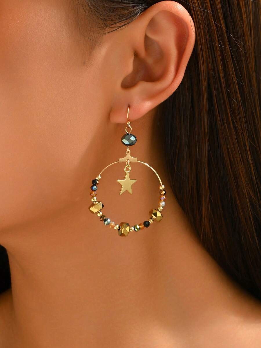 1對女款時尚星星吊墜水晶珠圓形垂墜耳環，適合夏季度假穿著（珠子顏色隨機） - 五角星吊墜-E1345 - 查看 1