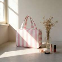 1Pc Foldable Striped Travel Toiletry Bag Men And Women, High Capacity Storage Organizer With Convenient Hanging Hook, Multi-Functional Design Cosmetics, Shower Supplies, Toiletries & Gym Gear, Lightweight-Resistant Material Durability, Business Trips, Family Vacations, Fitness & Daily Bathroom Use, Practical Holidays & Birthdays - 綠色和粉紅色條紋 - 查看 6