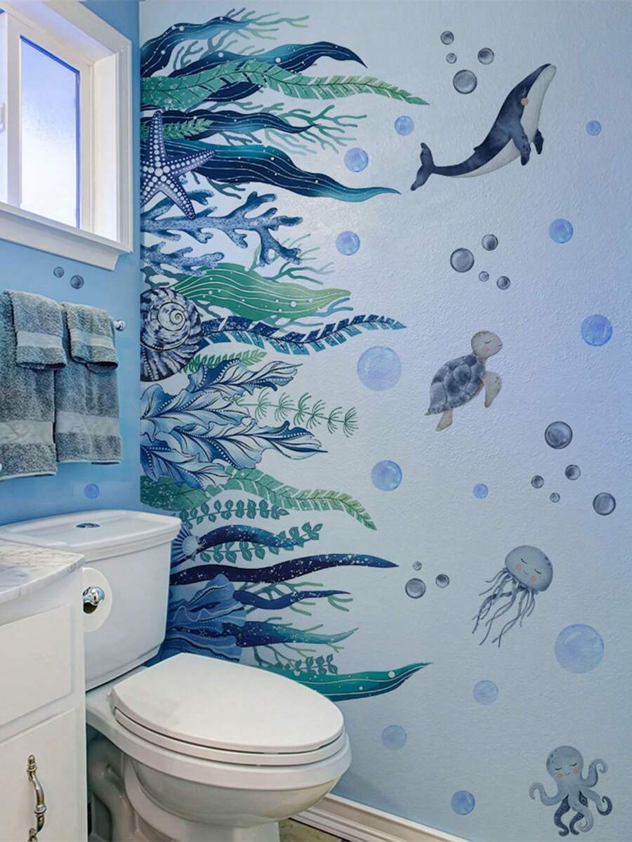 1pc Watercolor Ocean Creatures Wall Sticker - Removable Underwater Sea Animal Decals For Kids Room Bathroom, Dreamlike Summer Ocean Adventure Theme Decoration - D - View 1