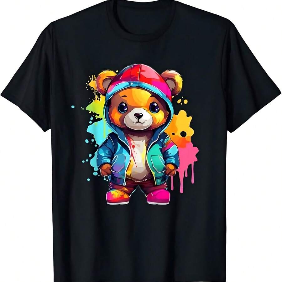 Camiseta de oso de peluche colorido - Negro - Ver 1