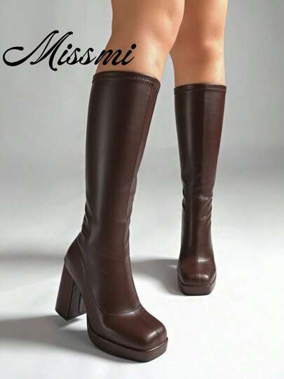 Botas de montar de tacón grueso de talla grande, nuevas botas de tacón alto y punta cuadrada con cremallera lateral para mujer, adecuadas para otoño/invierno, zapatos de plataforma de tacón alto para mujer