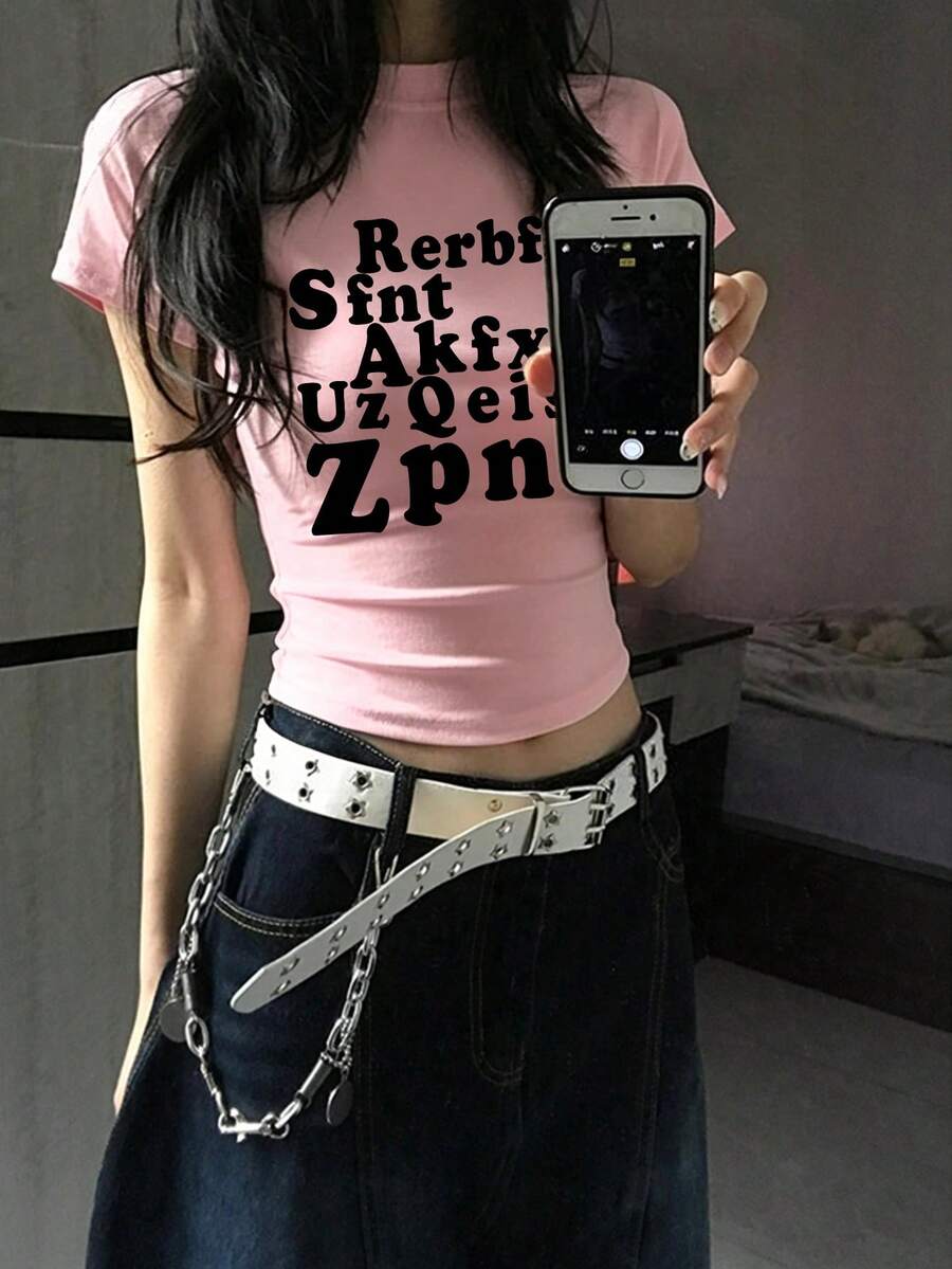 黑色字母印花短袖T恤女款,夏季性感修身短版設計上衣休閒風 - 粉紅色-1 - 查看 1