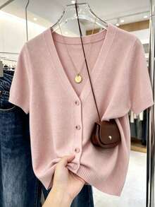 Áo khoác cardigan ngắn tay màu hồng dành cho nữ, nhẹ và thoáng khí, chiều dài tiêu chuẩn, món đồ thời trang thiết yếu cho mùa xuân/hè. - Hồng - Xem 2