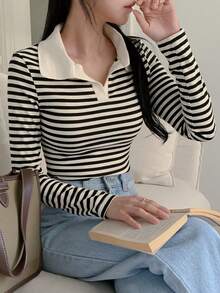 Blusa de manga larga a rayas de uso casual para mujer, para uso diario - Negro - Ver 1