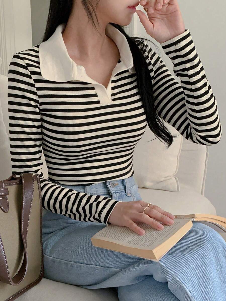 Blusa de manga larga a rayas de uso casual para mujer, para uso diario - Negro - Ver 1