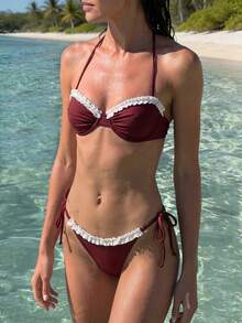 2 piezas Conjunto de bikini cautivador color borgoña - Top con aros y encaje y Bottom con lazos en los lados, adecuado para vacaciones de lujo en la playa y la piscina Rojo - Rojo - Ver 4