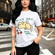 Camiseta de mujer con estampado "NICE DAY" y gato relajado, diseño whimsical con cerezas rojas y texto verde - camiseta casual de manga corta, ajuste cómodo y estilo urbano ideal para días soleados en la ciudad - regalo perfecto para mamá, esposa, no - Blanco - Ver 9