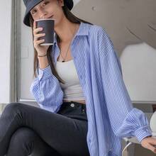 WNS  Camisa de hombros caídos a rayas, Ropa de otoño Blusa de manga larga - Rosa Pálido - Ver 2