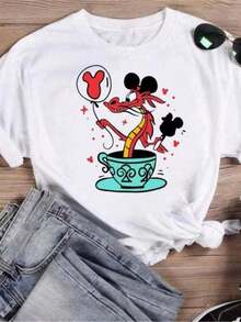 Women's Blouses, Printed T-Shirt, Harajuku Style, Casual Aesthetic, New Summer T-Shirts With Mushu Print, Feminine T-Shirts, Suitable For Spring, Summer And Autumn. - 白色 - 查看 1